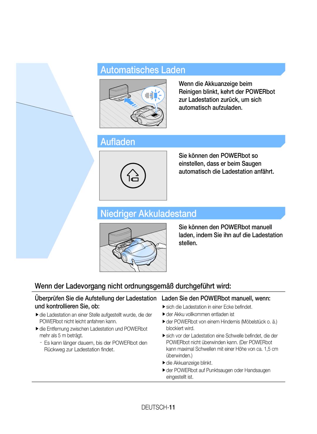Samsung VR20J9010UR/EC Automatisches Laden, Niedriger Akkuladestand, Laden Sie den POWERbot manuell, wenn, DEUTSCH-11 