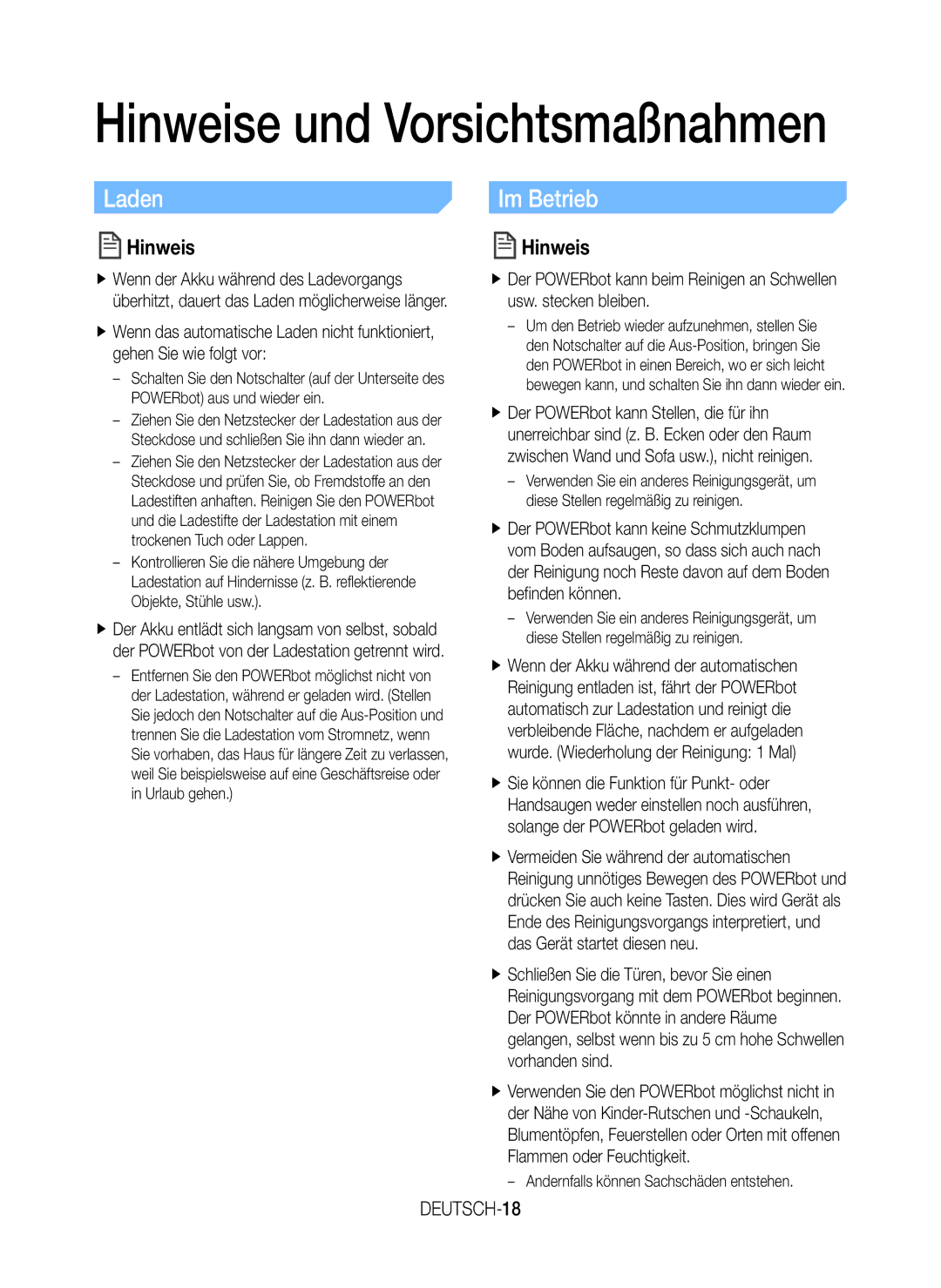 Samsung VR20J9010UR/EC manual Hinweise und Vorsichtsmaßnahmen, DEUTSCH-18 