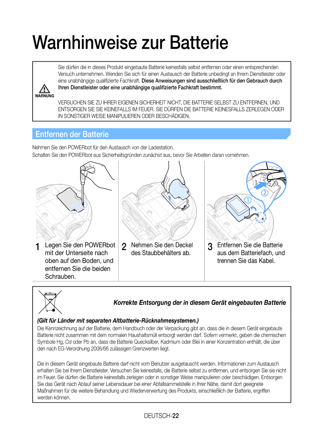 Samsung VR20J9010UR/EC manual Warnhinweise zur Batterie, Entfernen der Batterie, DEUTSCH-22 