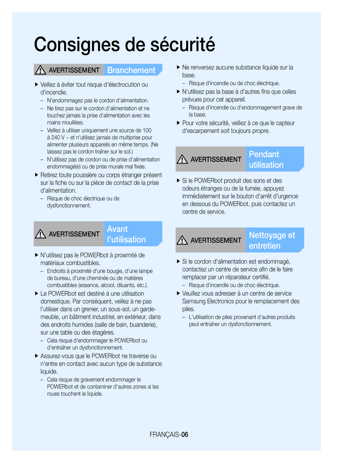 Samsung VR20J9010UR/EC manual Avertissement Branchement, Avertissement Pendantutilisation, Avertissement Avantlutilisation 