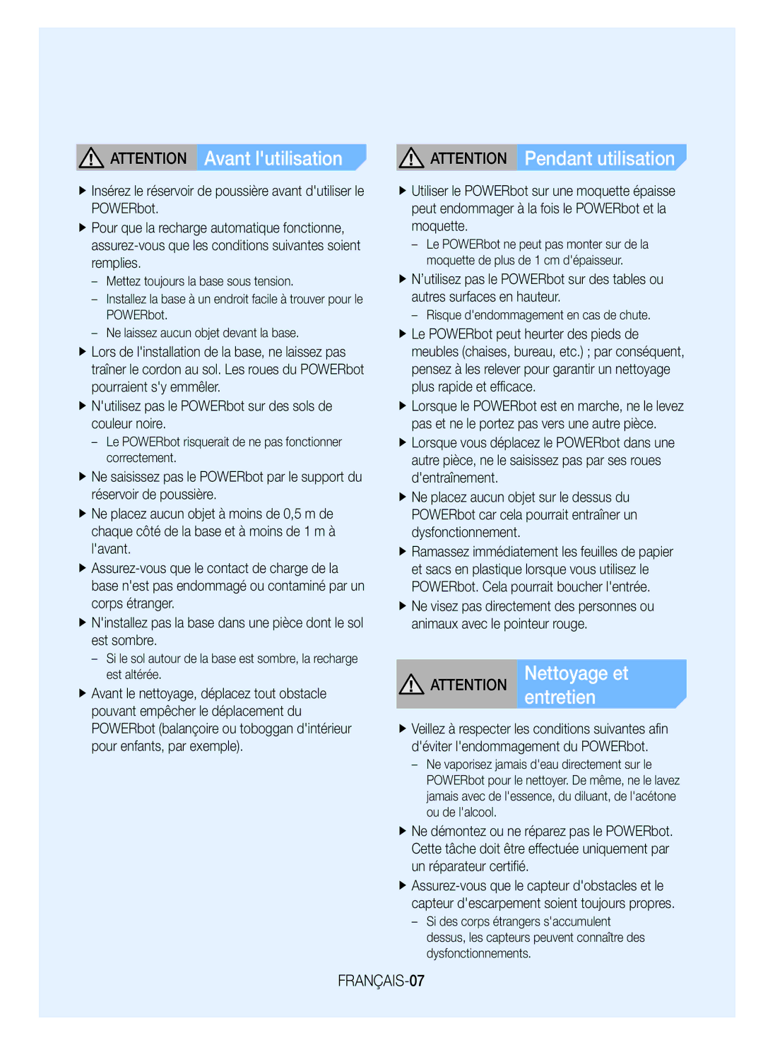 Samsung VR20J9010UR/EC manual FRANÇAIS-07, Le POWERbot risquerait de ne pas fonctionner correctement 