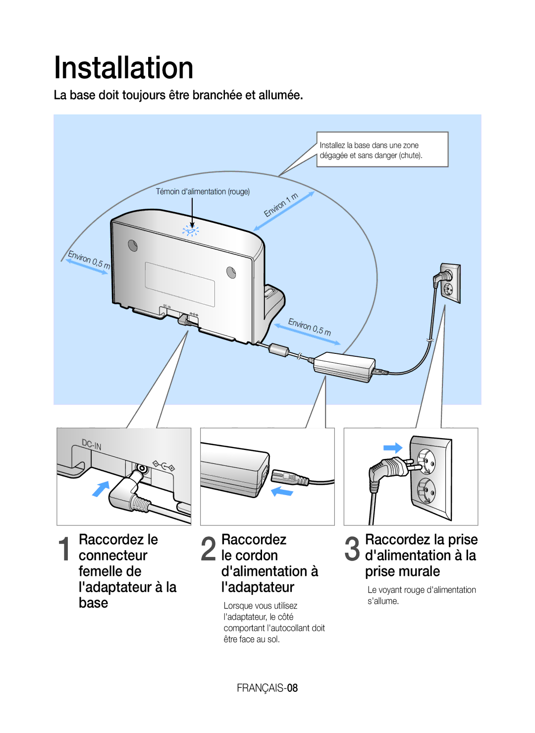 Samsung VR20J9010UR/EC La base doit toujours être branchée et allumée, Raccordez la prise dalimentation à la prise murale 