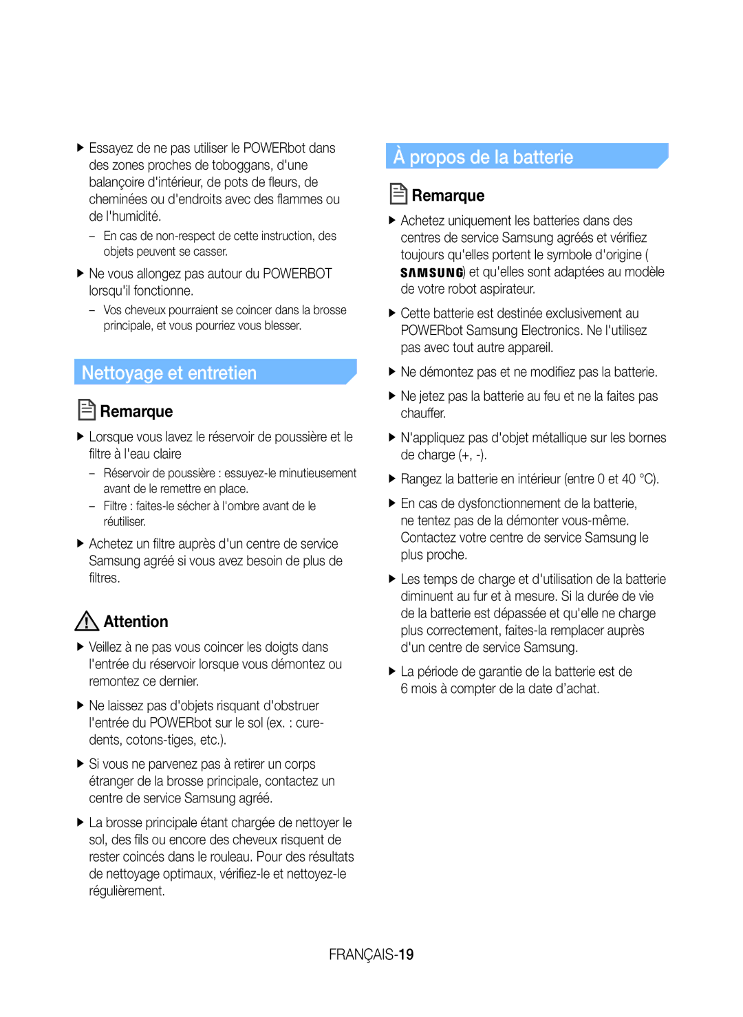 Samsung VR20J9010UR/EC manual Nettoyage et entretien, Propos de la batterie, FRANÇAIS-19 