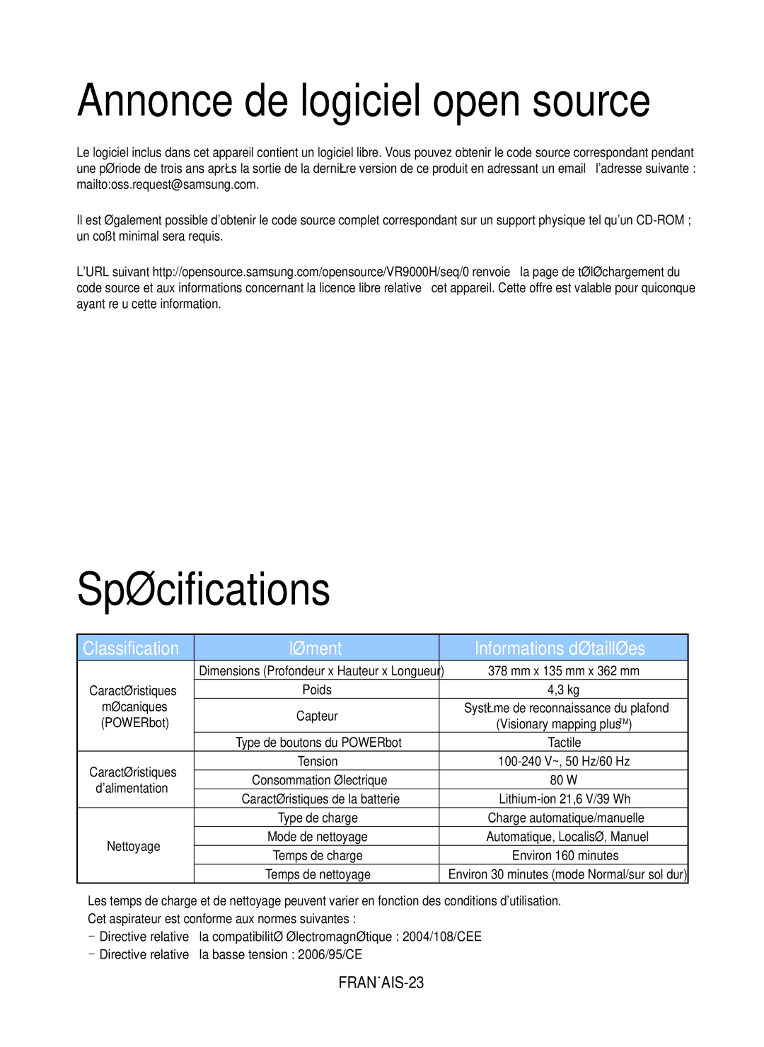 Samsung VR20J9010UR/EC manual Annonce de logiciel open source, Spécifications, Élément Informations détaillées, FRANÇAIS-23 