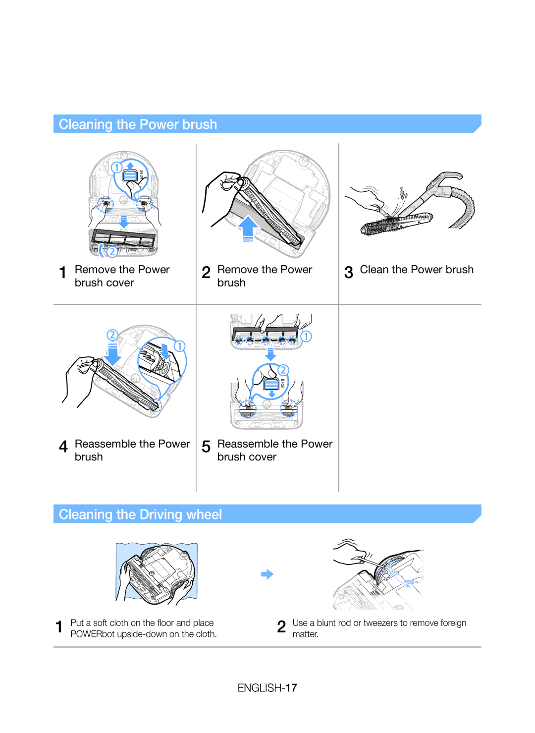 Samsung VR20J9010UR/EC manual Cleaning the Power brush, Cleaning the Driving wheel, Reassemble the Power Brush Brush cover 