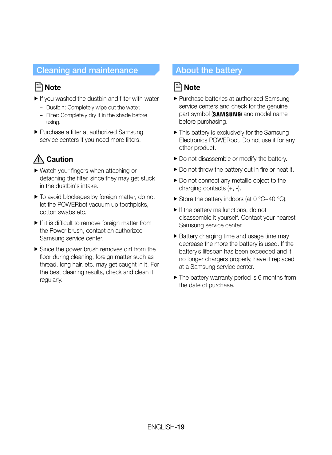 Samsung VR20J9010UR/EC manual Cleaning and maintenance, About the battery, ENGLISH-19 