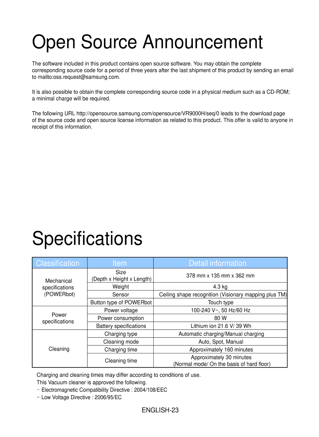 Samsung VR20J9010UR/EC manual Open Source Announcement, Specifications, Detail information, ENGLISH-23 