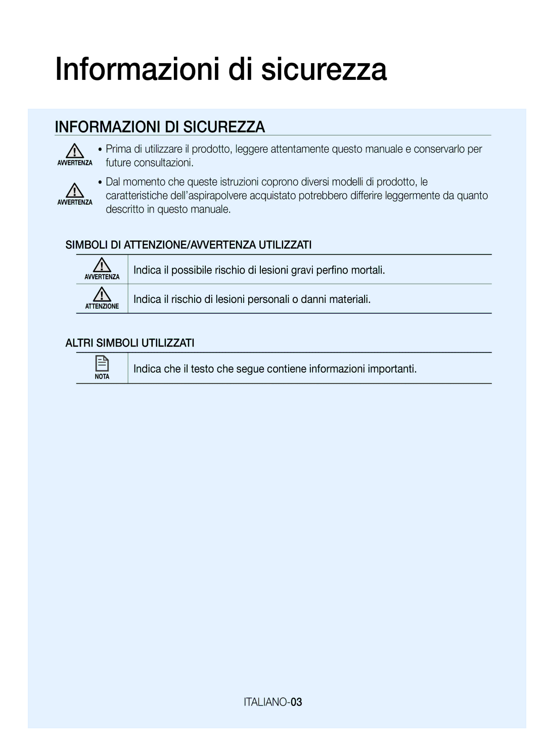 Samsung VR20J9010UR/EC Informazioni di sicurezza, Simboli DI ATTENZIONE/AVVERTENZA Utilizzati, Altri Simboli Utilizzati 