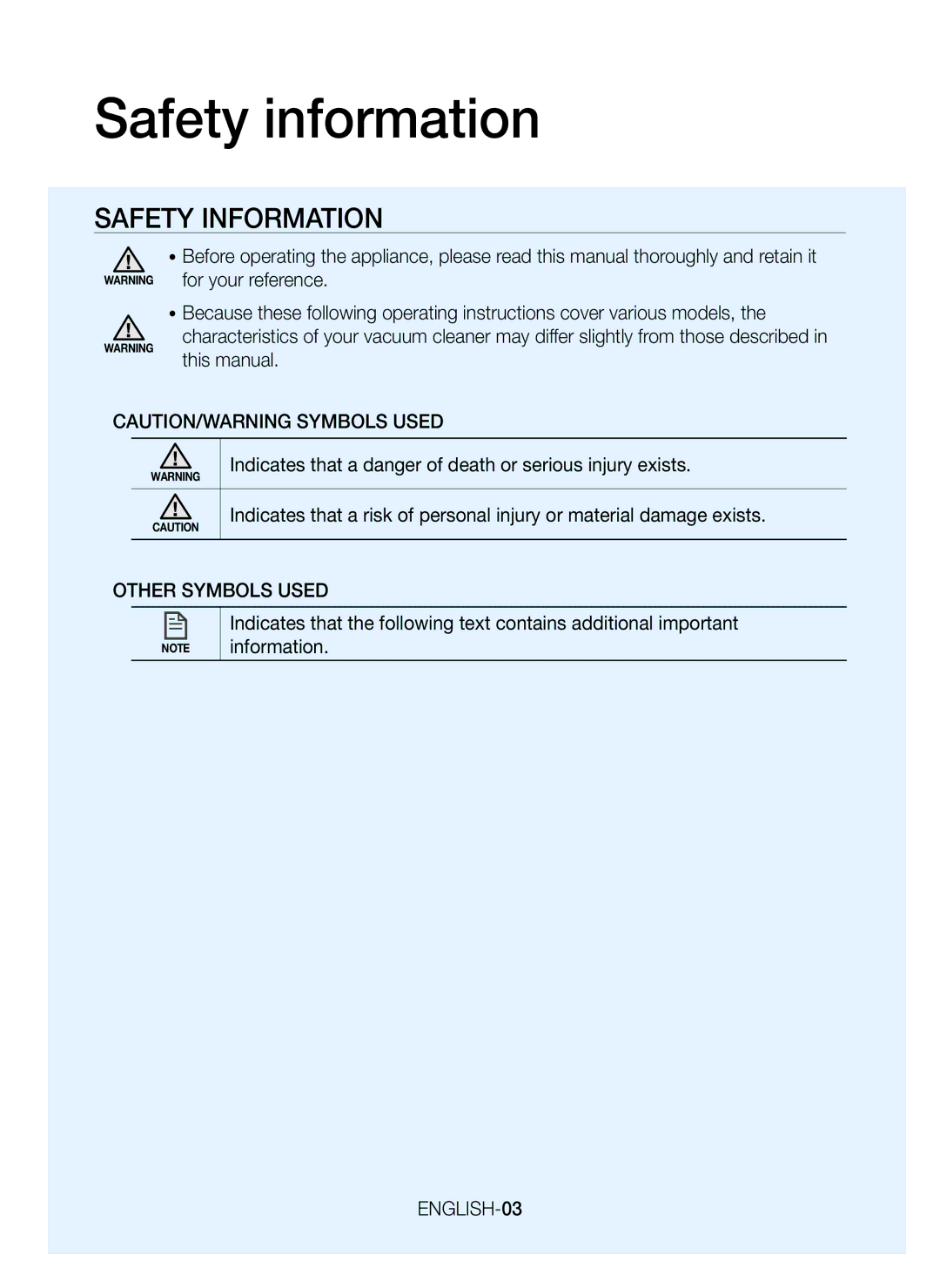 Samsung VR20J9010UR/EC manual Safety information, Other Symbols Used, ENGLISH-03 