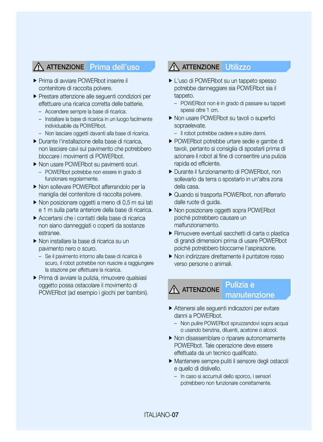 Samsung VR20J9010UR/EC manual Attenzione Prima dell’uso, Attenzione Utilizzo, Attenzione Pulizia e, ITALIANO-07 