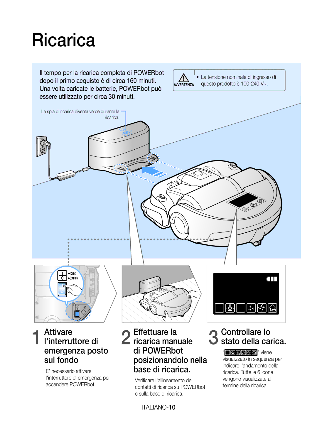 Samsung VR20J9010UR/EC manual Ricarica, ITALIANO-10 