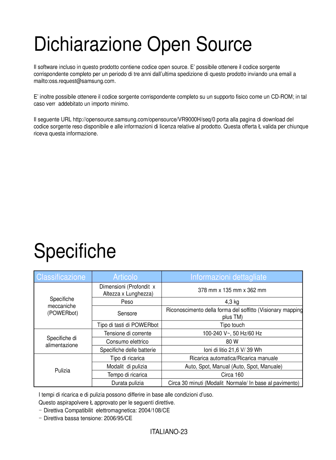 Samsung VR20J9010UR/EC manual Dichiarazione Open Source, Specifiche, Articolo Informazioni dettagliate, ITALIANO-23 