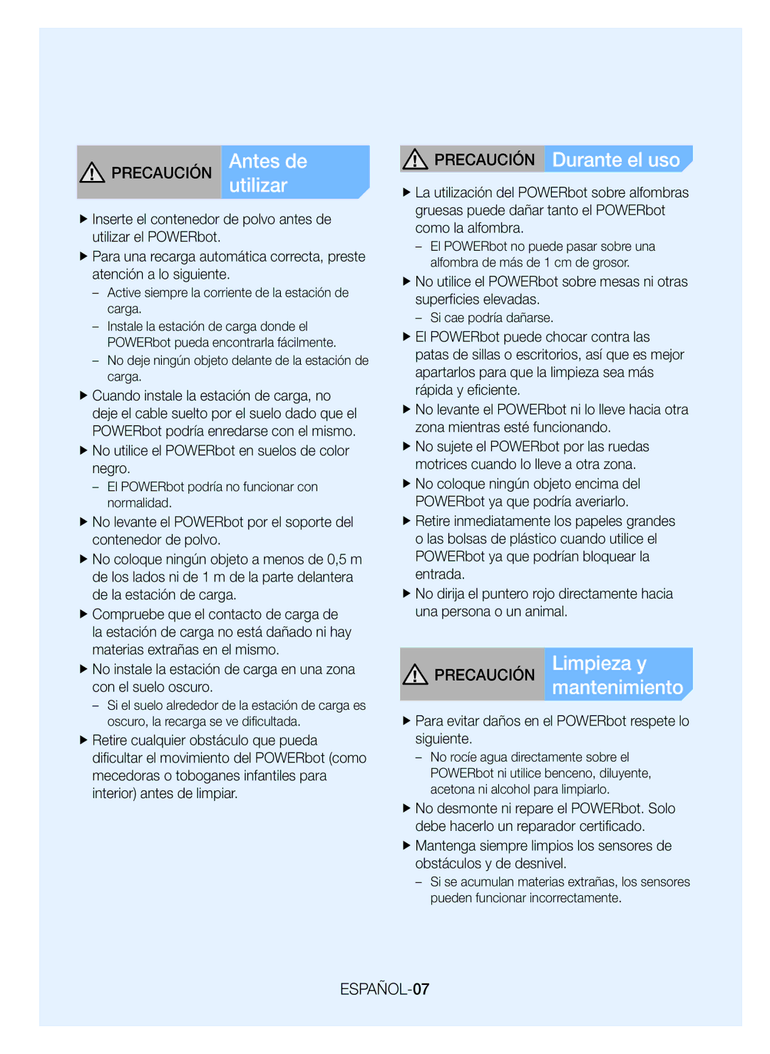 Samsung VR20J9010UR/EC manual Precaución Durante el uso, Precaución Antes de, Precaución Limpieza y, ESPAÑOL-07 