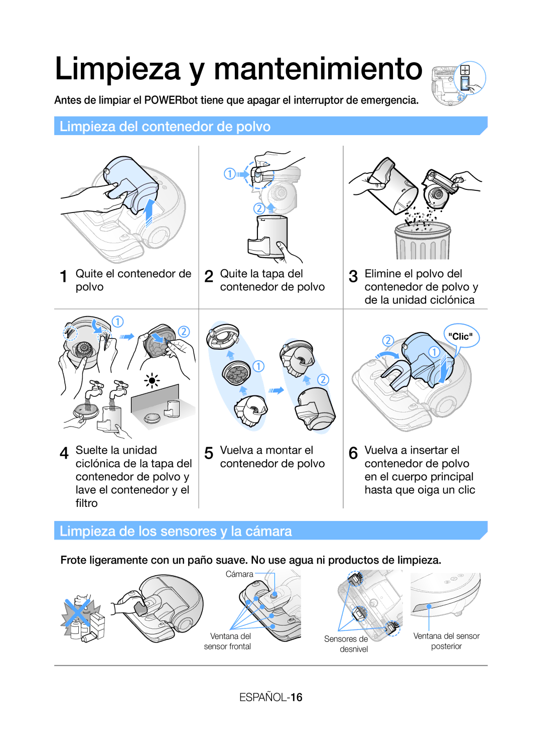 Samsung VR20J9010UR/EC manual Limpieza del contenedor de polvo, Limpieza de los sensores y la cámara, ESPAÑOL-16 