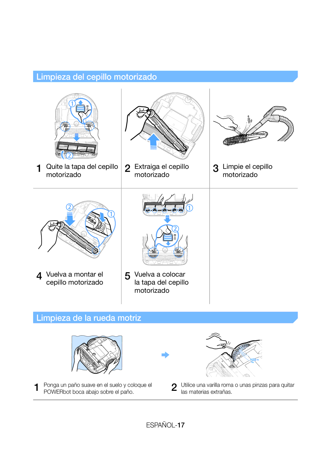 Samsung VR20J9010UR/EC manual Limpieza del cepillo motorizado, Limpieza de la rueda motriz, ESPAÑOL-17 