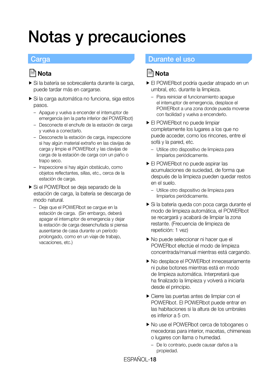 Samsung VR20J9010UR/EC manual Notas y precauciones, ESPAÑOL-18, De lo contrario, puede causar daños a la propiedad 