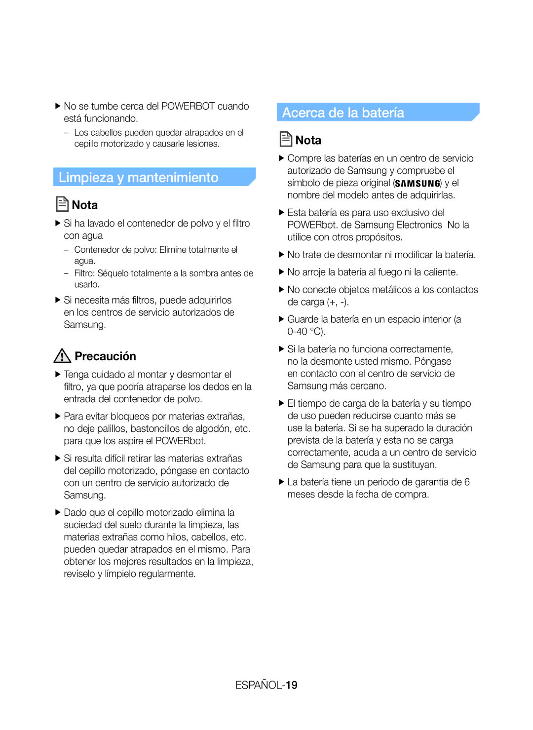 Samsung VR20J9010UR/EC manual Limpieza y mantenimiento, Acerca de la batería, ESPAÑOL-19 