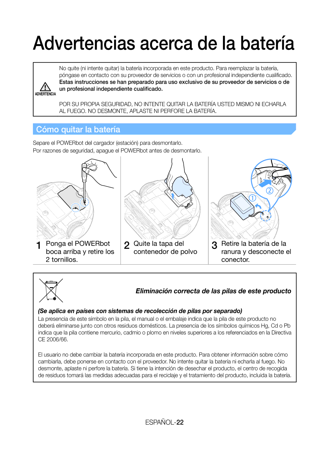 Samsung VR20J9010UR/EC manual Cómo quitar la batería, ESPAÑOL-22 