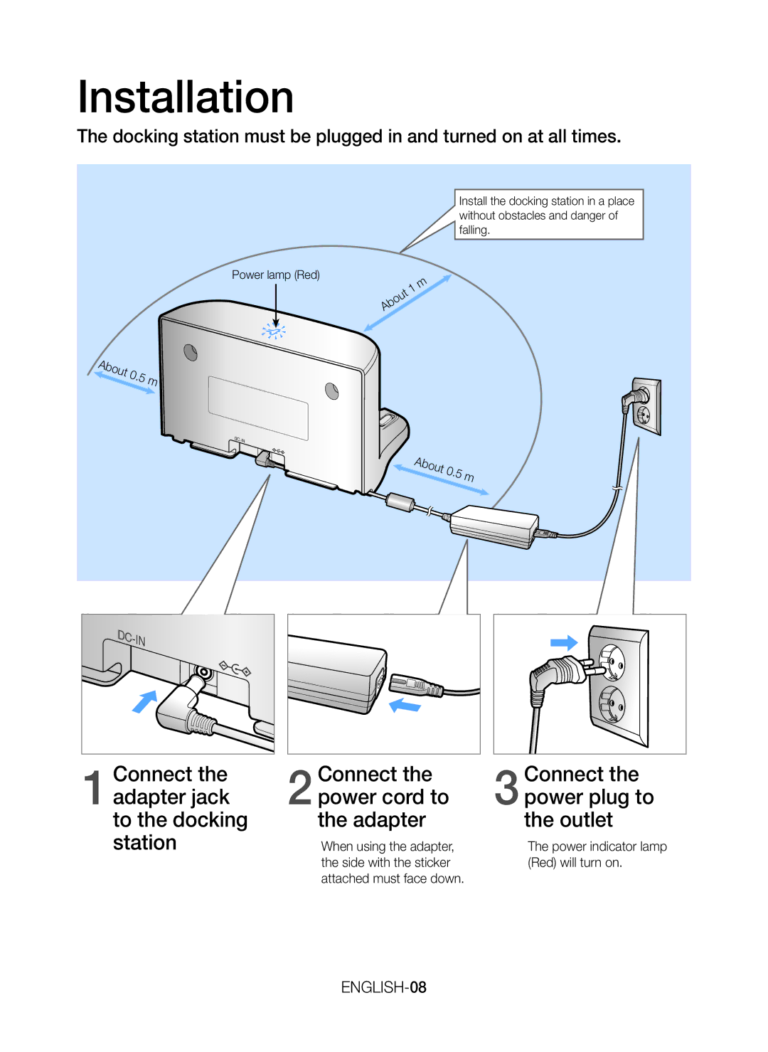 Samsung VR20J9010UR/EC manual Installation, ENGLISH-08, About 0.5 m, When using the adapter 