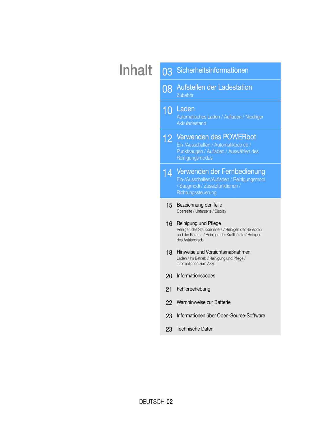 Samsung VR20J9010UR/EC manual DEUTSCH-02, Bezeichnung der Teile, Reinigung und Pflege, Hinweise und Vorsichtsmaßnahmen 