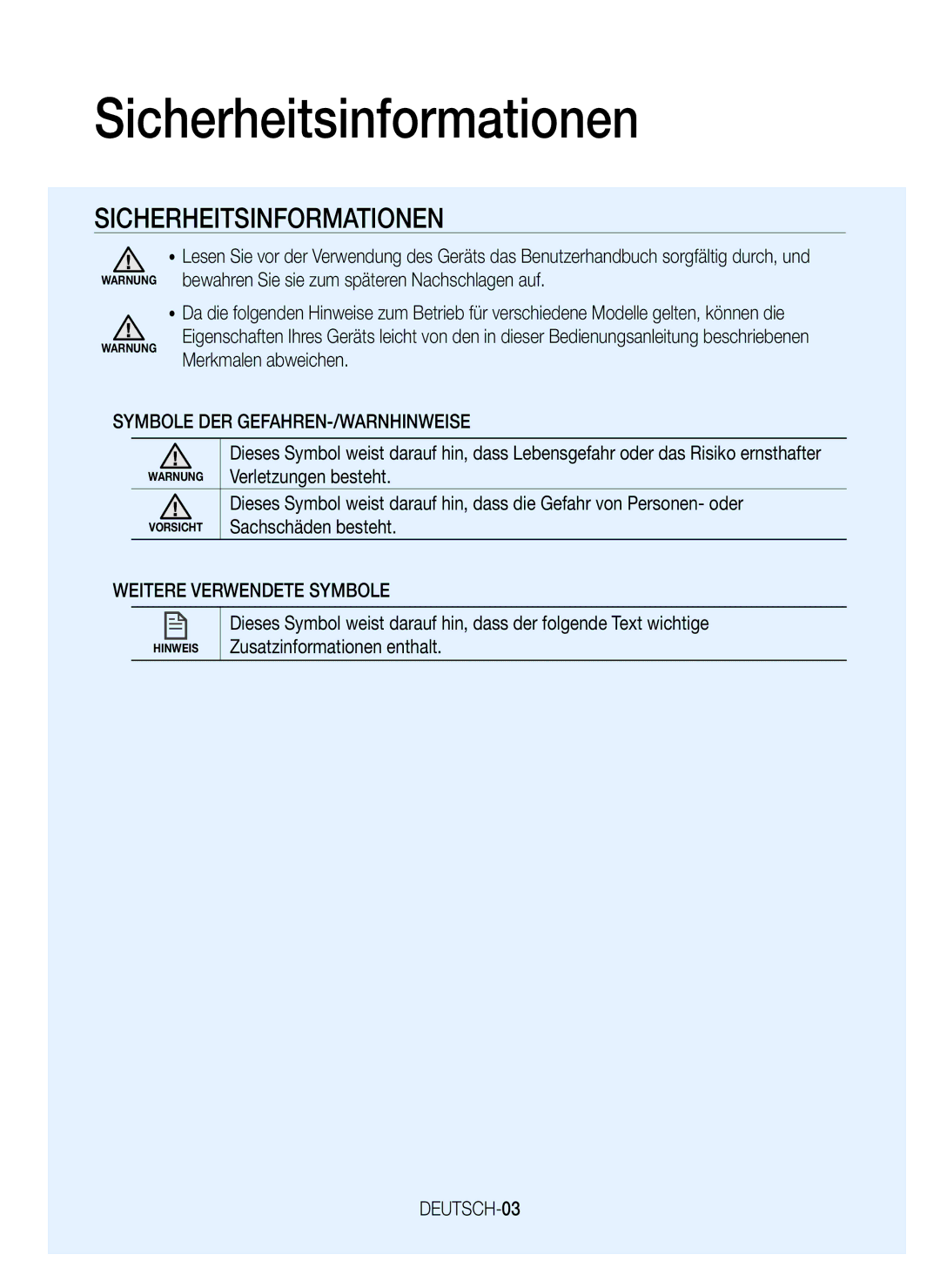 Samsung VR20J9010UR/EC manual Sicherheitsinformationen, Symbole DER GEFAHREN-/WARNHINWEISE, Weitere Verwendete Symbole 