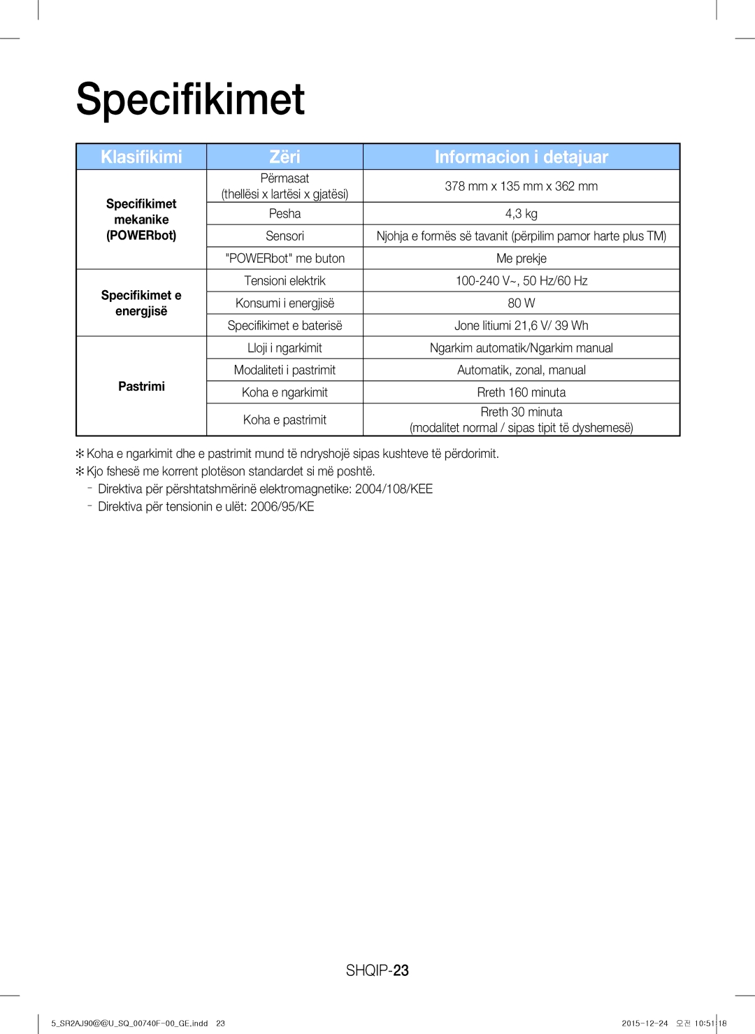 Samsung VR20J9020UG/GE, VR20J9020UG/EG, VR20J9020UR/EG manual Specifikimet, Klasifikimi Zëri Informacion i detajuar, SHQIP-23 