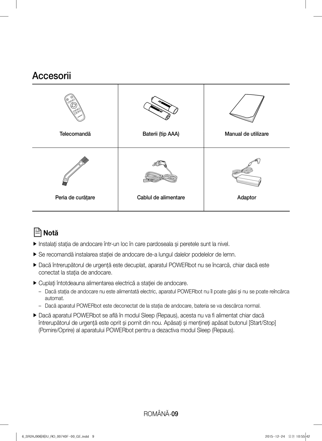 Samsung VR20J9020UR/EG, VR20J9020UG/EG, VR20J9020UR/ET, VR20J9020UG/GE manual Accesorii, Notă, ROMÂNĂ-09 