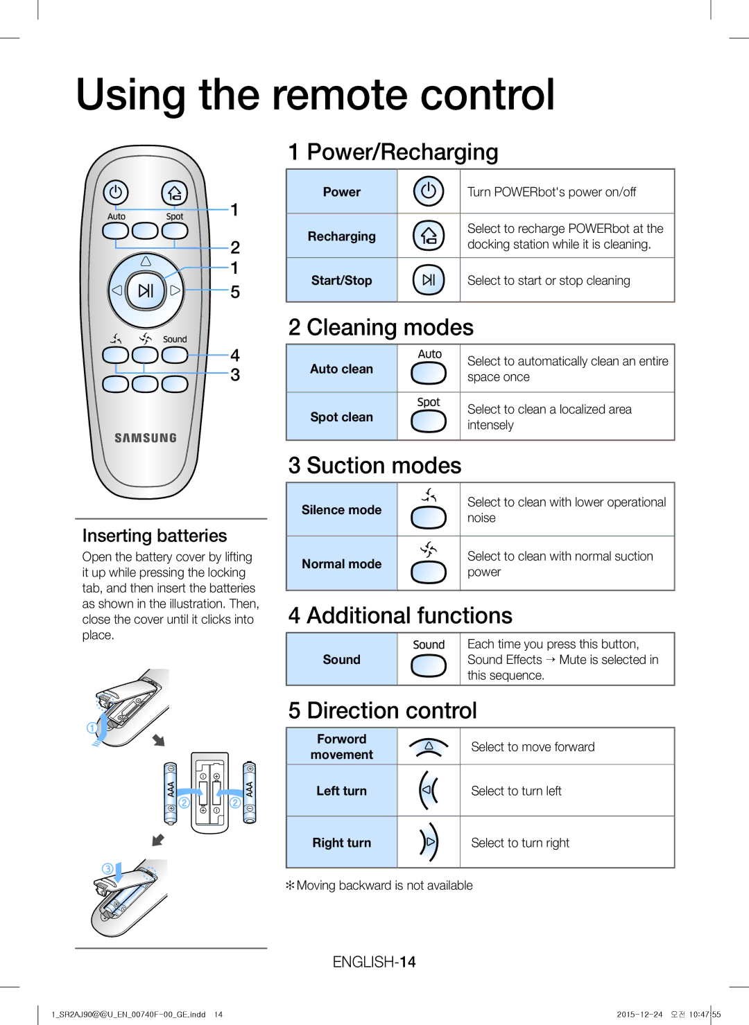 Samsung VR20J9020UR/ET, VR20J9020UG/EG, VR20J9020UR/EG, VR20J9020UG/GE manual Using the remote control 