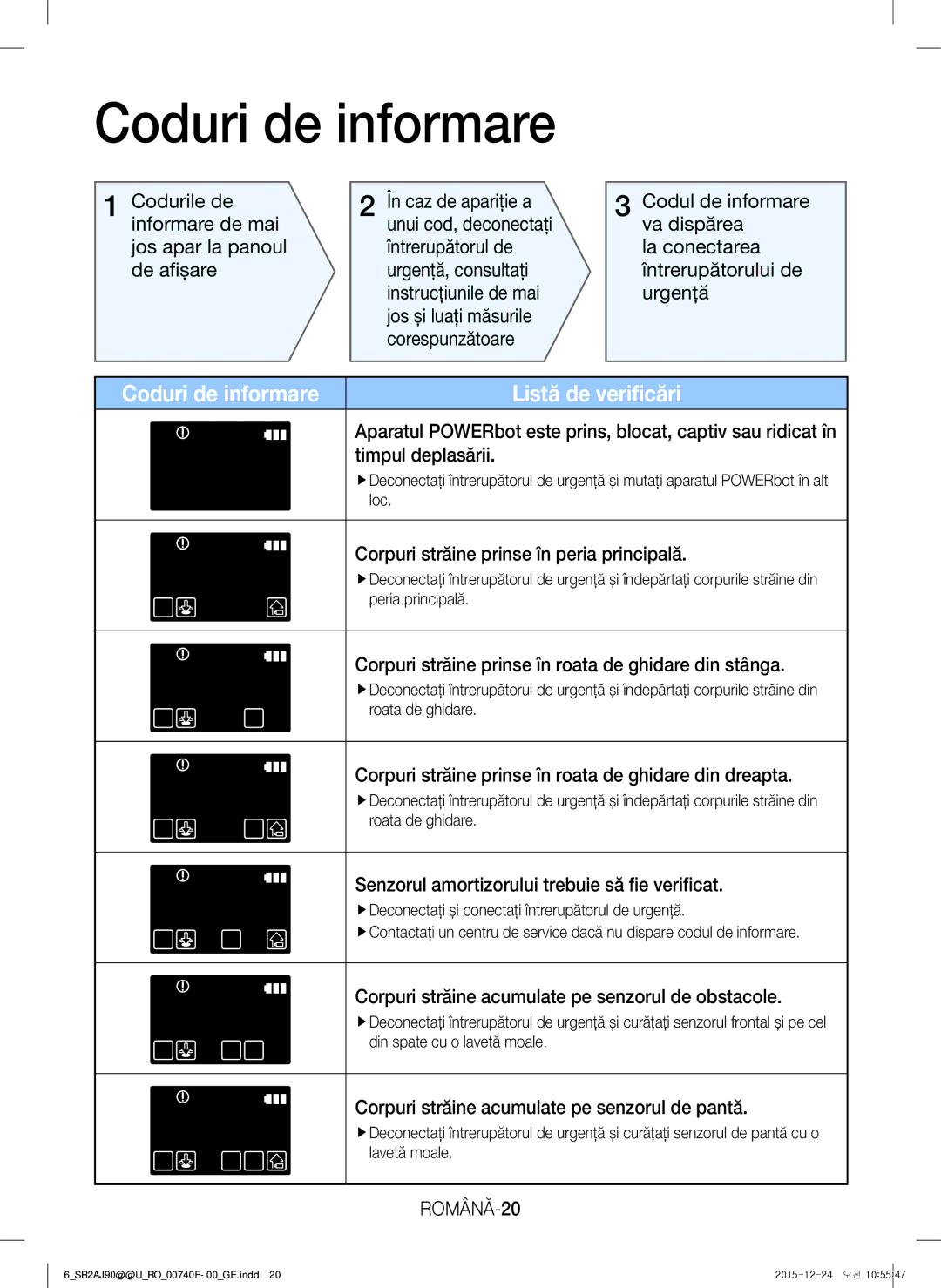 Samsung VR20J9020UG/EG, VR20J9020UR/EG, VR20J9020UR/ET, VR20J9020UG/GE Coduri de informare, Listă de verificări, ROMÂNĂ-20 