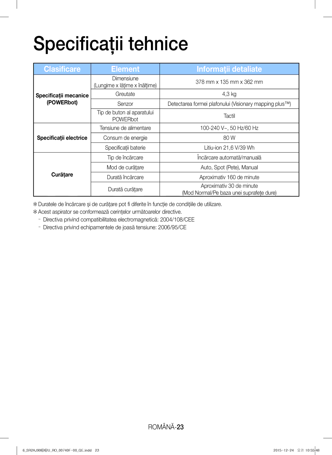 Samsung VR20J9020UG/GE, VR20J9020UG/EG manual Specificaţii tehnice, Clasificare Element Informaţii detaliate, ROMÂNĂ-23 