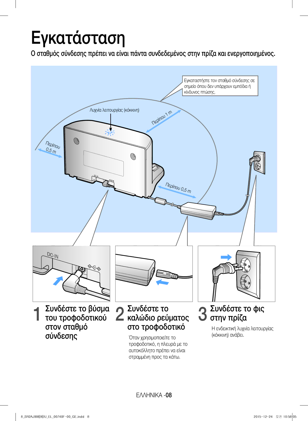 Samsung VR20J9020UG/EG, VR20J9020UR/EG manual Εγκατάσταση, Συνδέστε το Συνδέστε το φις, Στην πρίζα, Στο τροφοδοτικό 