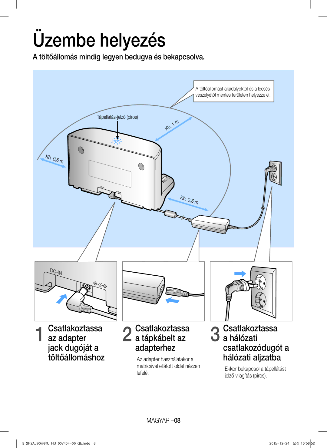 Samsung VR20J9020UG/EG Üzembe helyezés, Jack dugóját a, Csatlakoztassa Tápkábelt az Hálózati Adapterhez, Hálózati aljzatba 