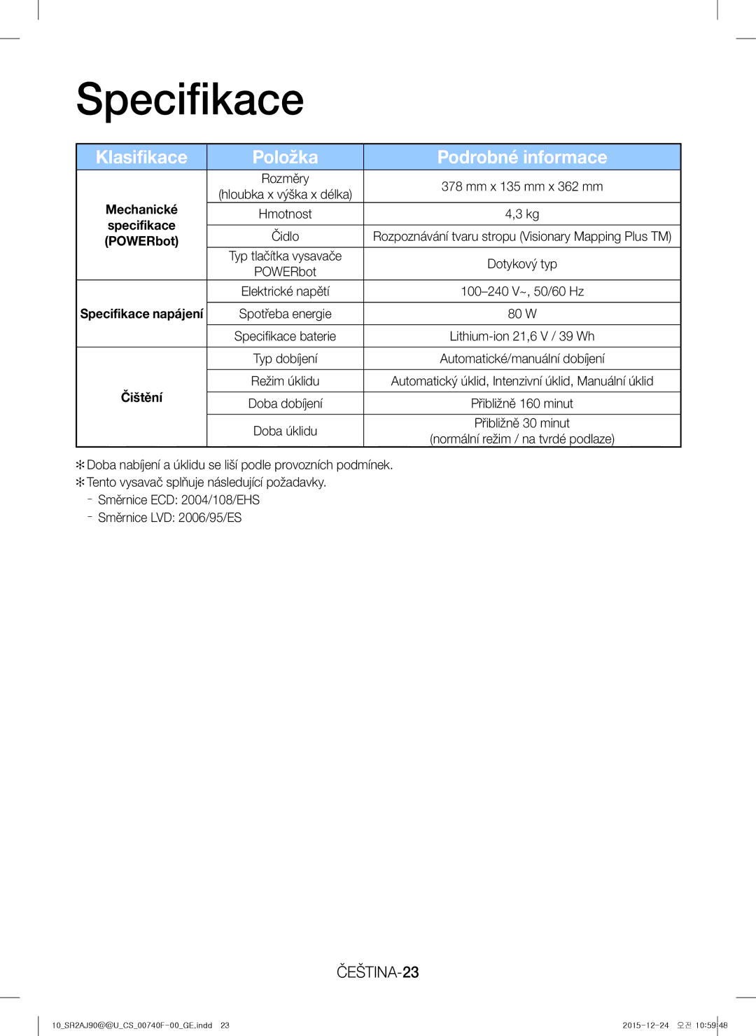 Samsung VR20J9020UG/GE, VR20J9020UG/EG, VR20J9020UR/EG manual Specifikace, Klasifikace Položka Podrobné informace, ČEŠTINA-23 