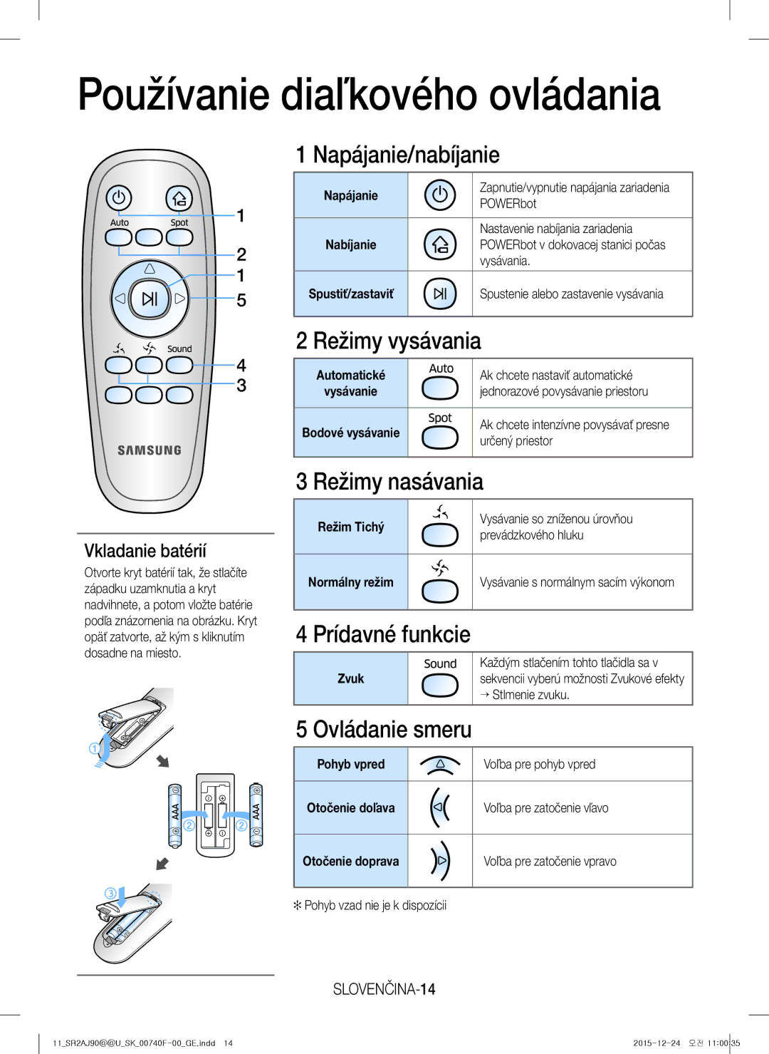 Samsung VR20J9020UR/ET manual Používanie diaľkového ovládania, Napájanie/nabíjanie, Režimy vysávania, Režimy nasávania 