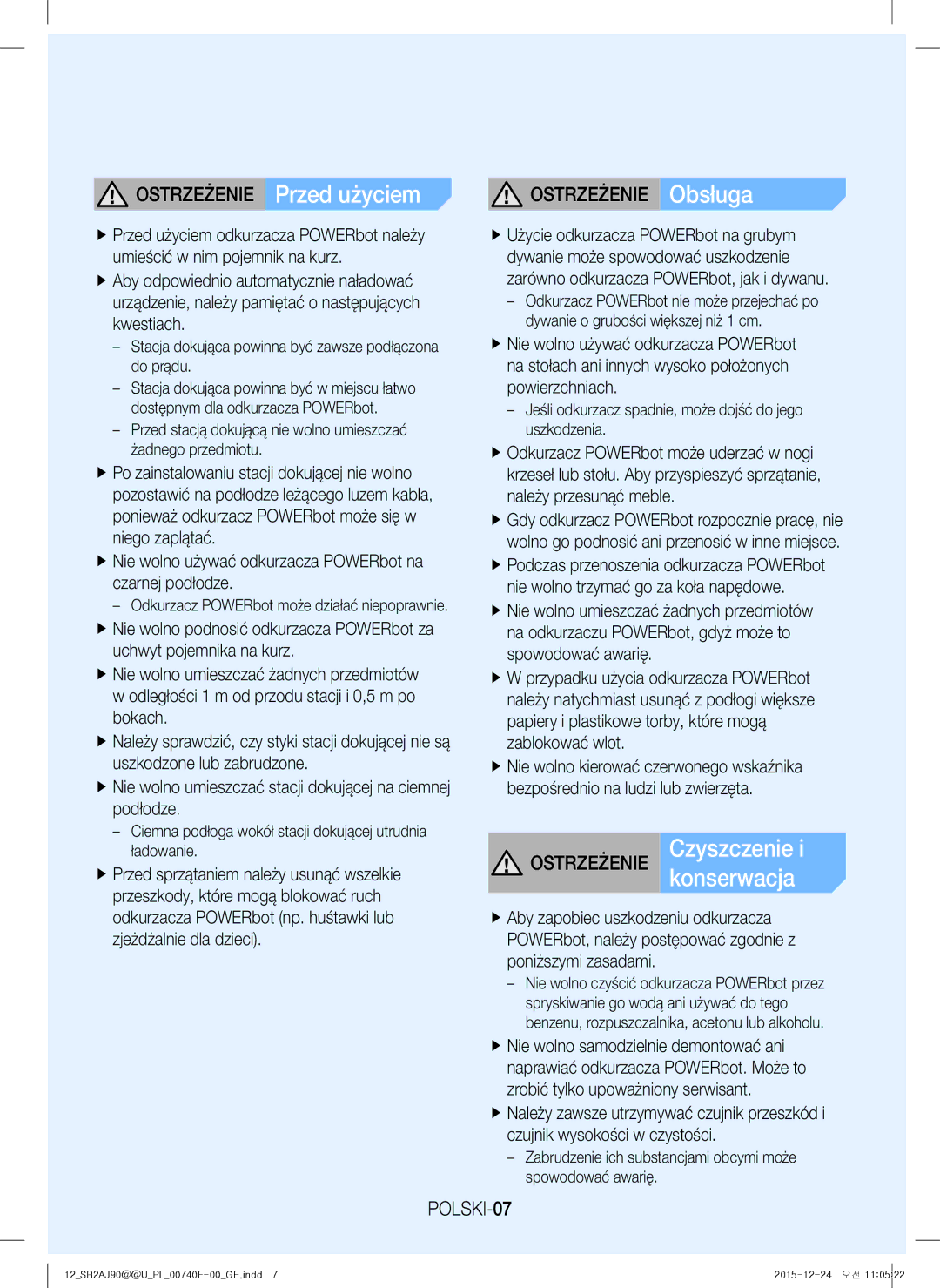 Samsung VR20J9020UG/GE, VR20J9020UG/EG, VR20J9020UR/EG manual Ostrzeżenie Przed użyciem, POLSKI-07, Ostrzeżenie Obsługa 