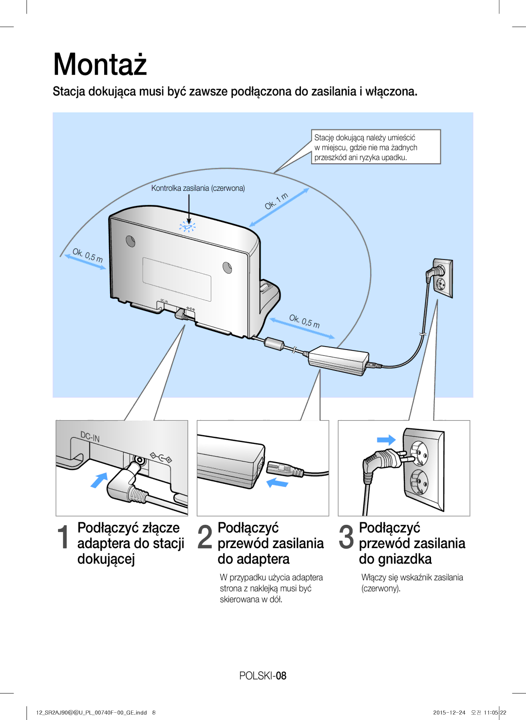 Samsung VR20J9020UG/EG, VR20J9020UR/EG Montaż, Podłączyć Przewód zasilania, Do adaptera Do gniazdka, POLSKI-08, Ok ,5 m 