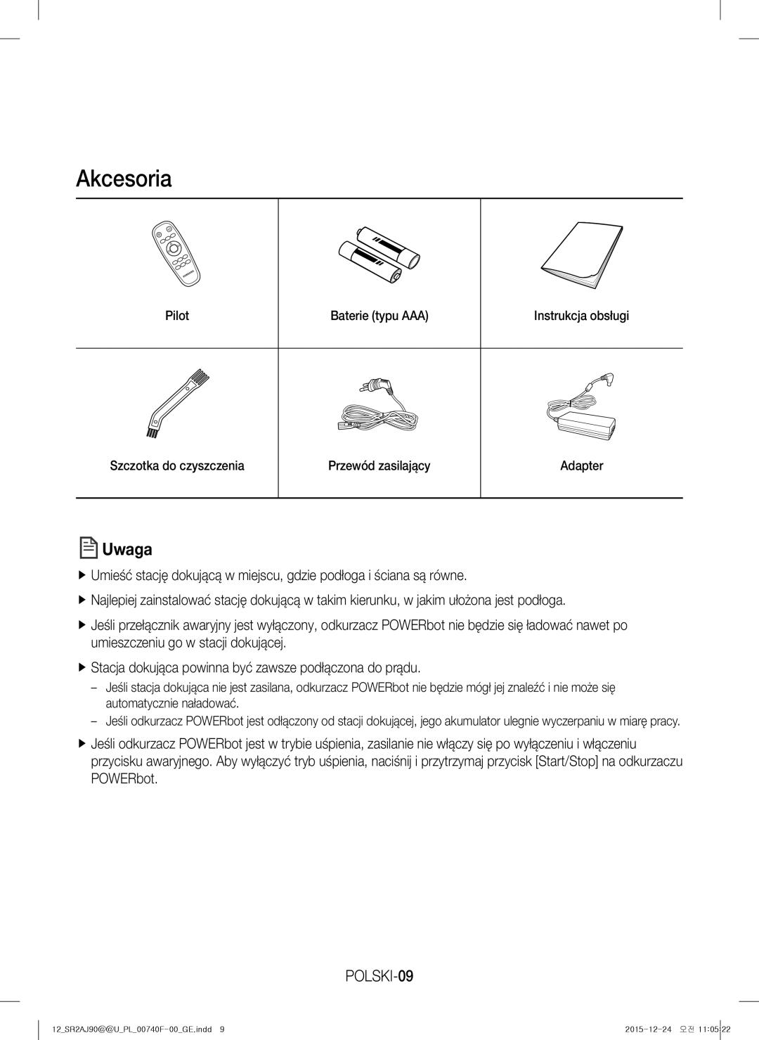 Samsung VR20J9020UR/EG, VR20J9020UG/EG, VR20J9020UR/ET, VR20J9020UG/GE manual Akcesoria, Uwaga, POLSKI-09 