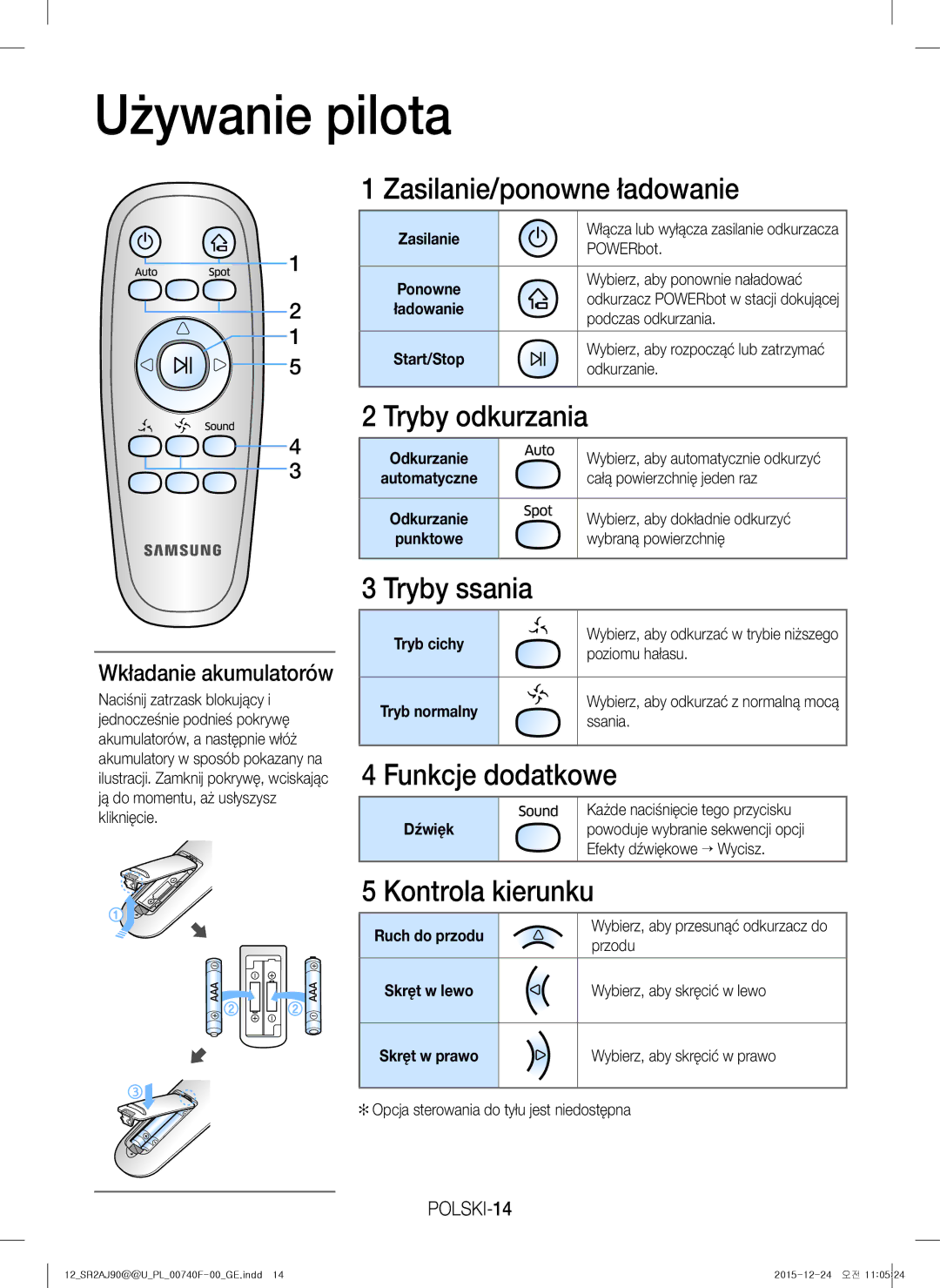 Samsung VR20J9020UR/ET, VR20J9020UG/EG, VR20J9020UR/EG, VR20J9020UG/GE manual Używanie pilota 