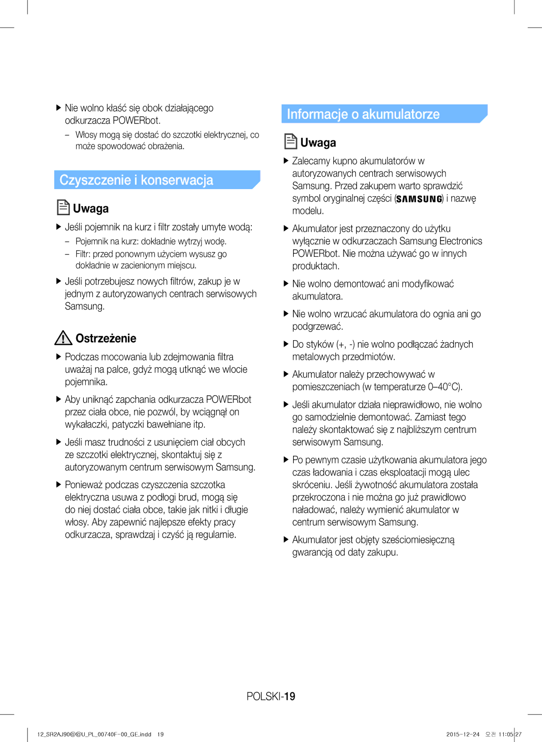 Samsung VR20J9020UG/GE, VR20J9020UG/EG manual Czyszczenie i konserwacja, Informacje o akumulatorze, Ostrzeżenie, POLSKI-19 