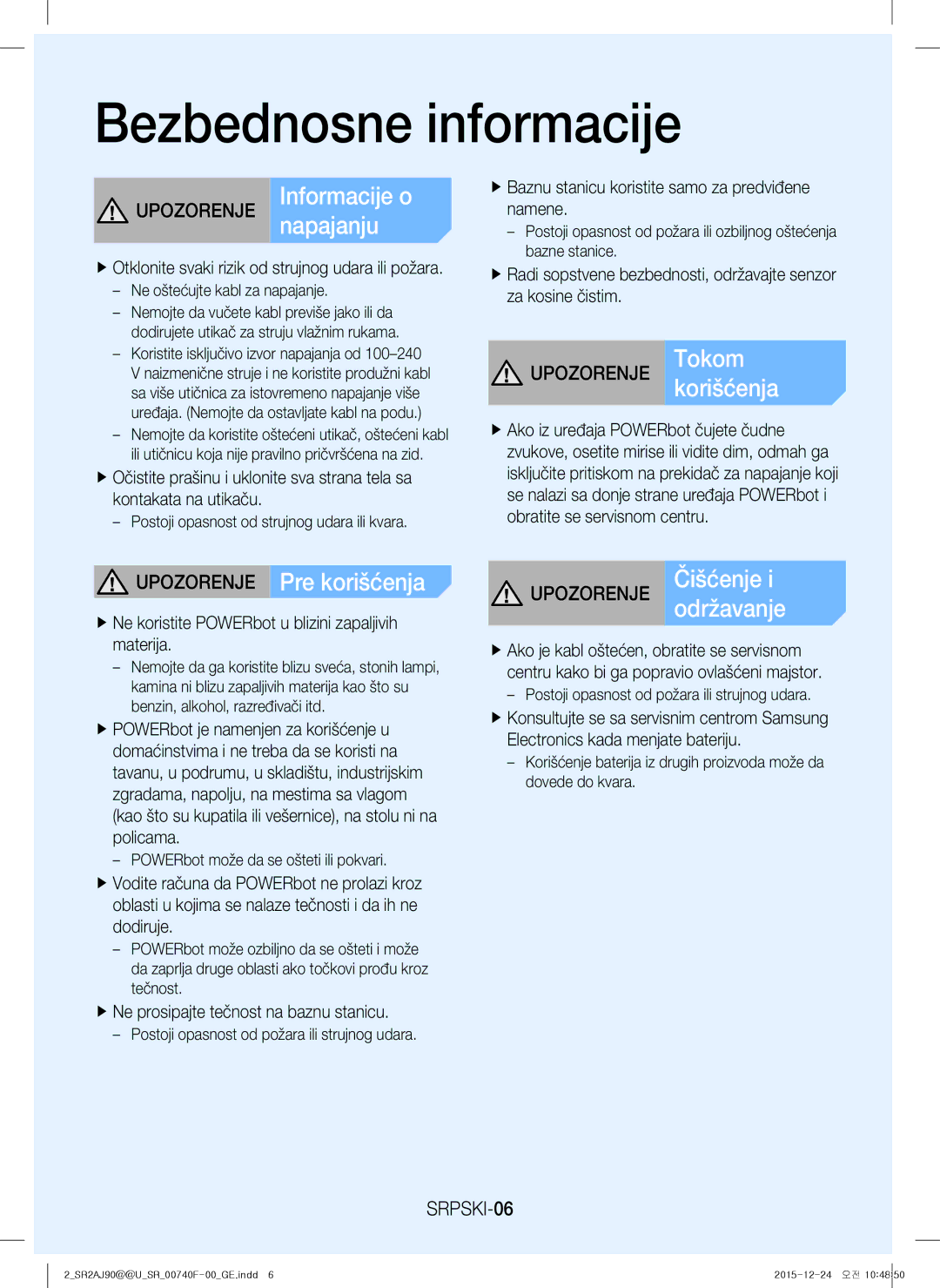 Samsung VR20J9020UR/ET Upozorenje Pre korišćenja, Održavanje, Upozorenje Tokomkorišćenja, Upozorenje Čišćenje, SRPSKI-06 