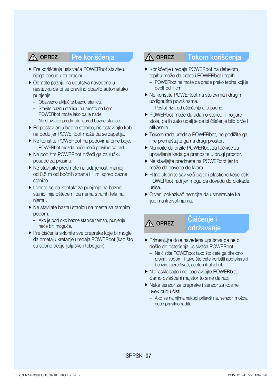 Samsung VR20J9020UG/GE, VR20J9020UG/EG, VR20J9020UR/EG, VR20J9020UR/ET manual Čišćenje, Održavanje, Oprez, SRPSKI-07 