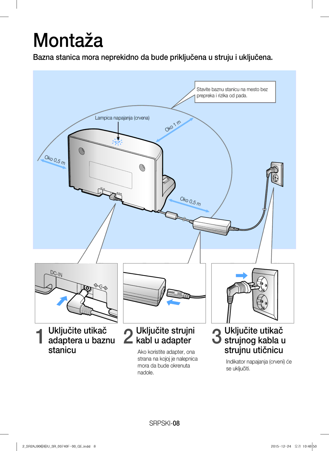 Samsung VR20J9020UG/EG, VR20J9020UR/EG, VR20J9020UR/ET, VR20J9020UG/GE manual Montaža, SRPSKI-08, Oko 0,5 m 