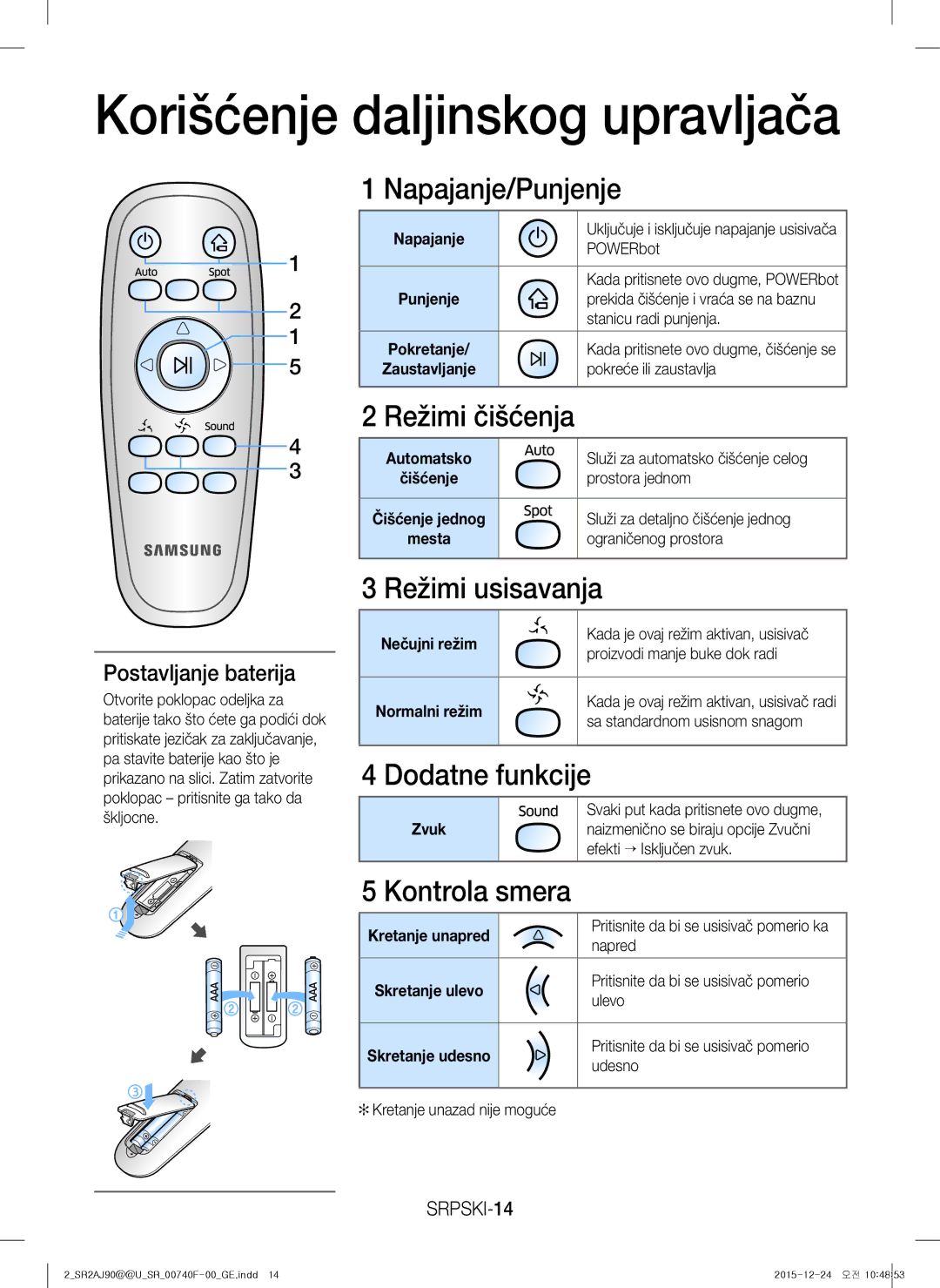 Samsung VR20J9020UR/ET, VR20J9020UG/EG, VR20J9020UR/EG, VR20J9020UG/GE manual Korišćenje daljinskog upravljača 