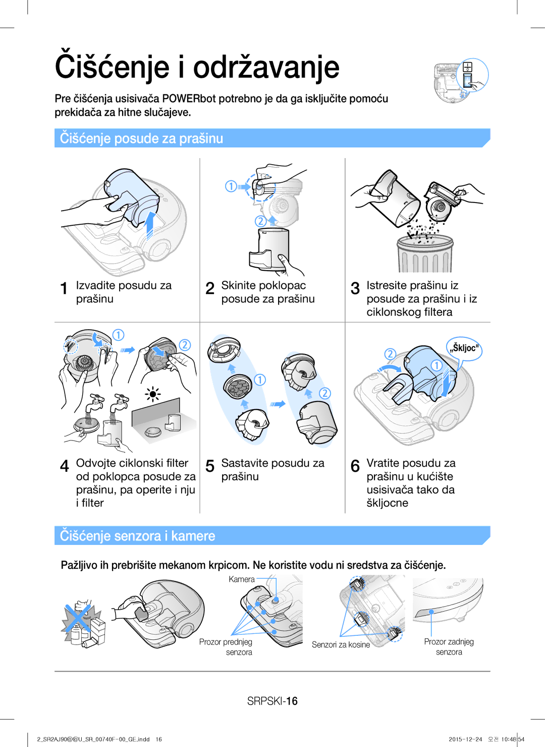 Samsung VR20J9020UG/EG manual Čišćenje i održavanje, Čišćenje posude za prašinu, Čišćenje senzora i kamere, SRPSKI-16 