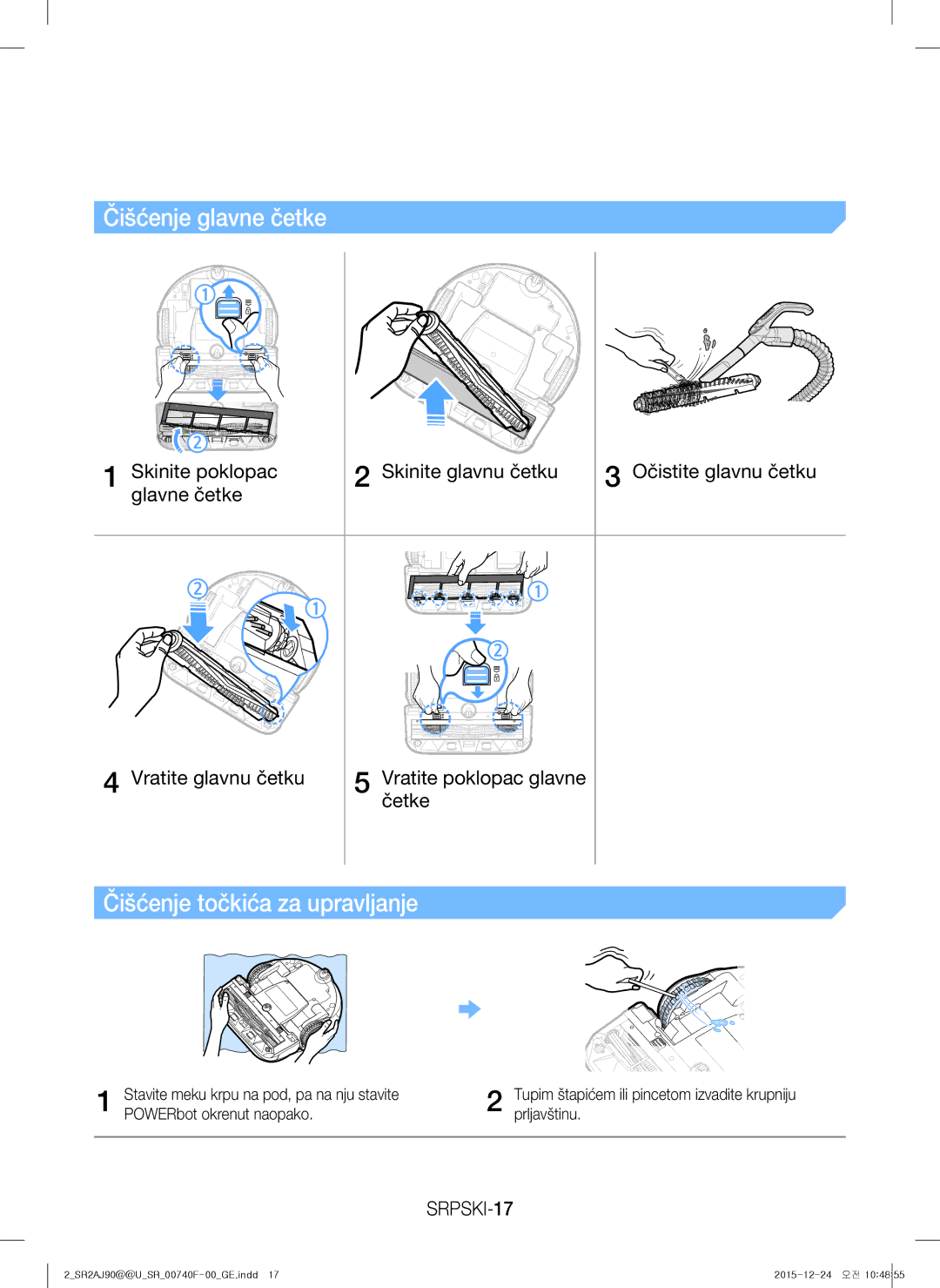 Samsung VR20J9020UR/EG, VR20J9020UG/EG, VR20J9020UR/ET Čišćenje glavne četke, Čišćenje točkića za upravljanje, SRPSKI-17 