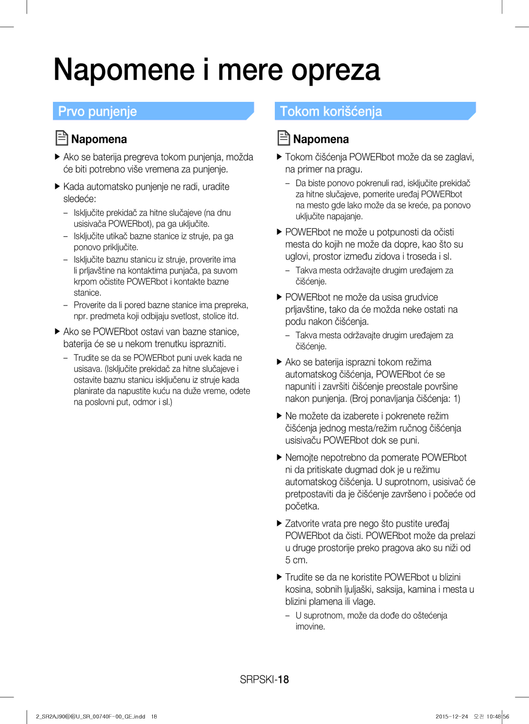 Samsung VR20J9020UR/ET manual Napomene i mere opreza, SRPSKI-18, FfKada automatsko punjenje ne radi, uradite sledeće 