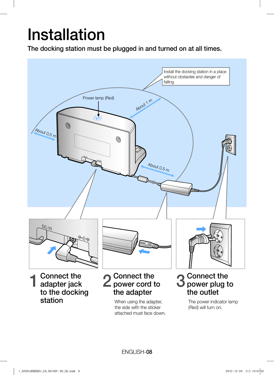 Samsung VR20J9020UG/EG, VR20J9020UR/EG, VR20J9020UR/ET manual Installation, ENGLISH-08, About 0.5 m, When using the adapter 