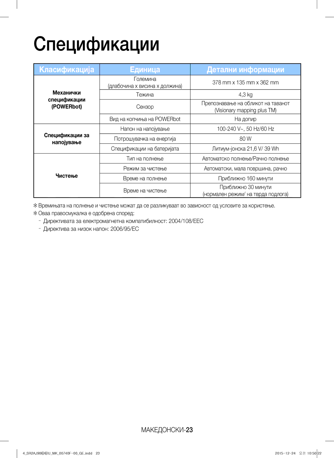 Samsung VR20J9020UG/GE, VR20J9020UG/EG, VR20J9020UR/EG manual Спецификации, Единица Детални информации, МАКЕДОНСКИ-23 