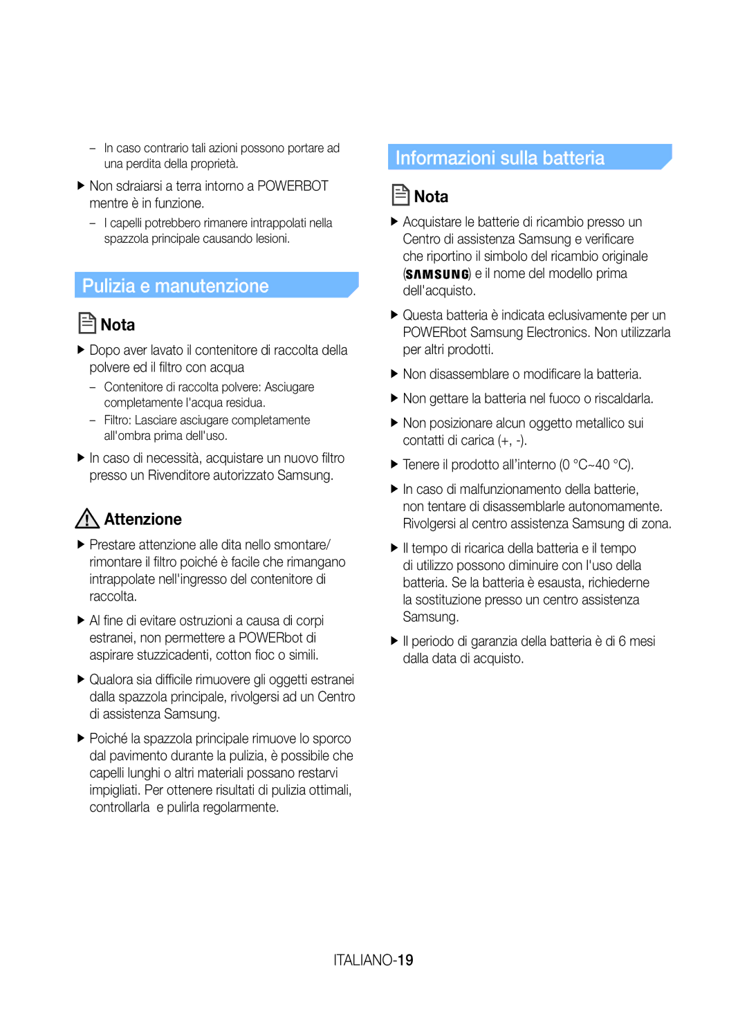 Samsung VR20J9020UG/GE, VR20J9020UR/ET manual Pulizia e manutenzione, Informazioni sulla batteria, ITALIANO-19 