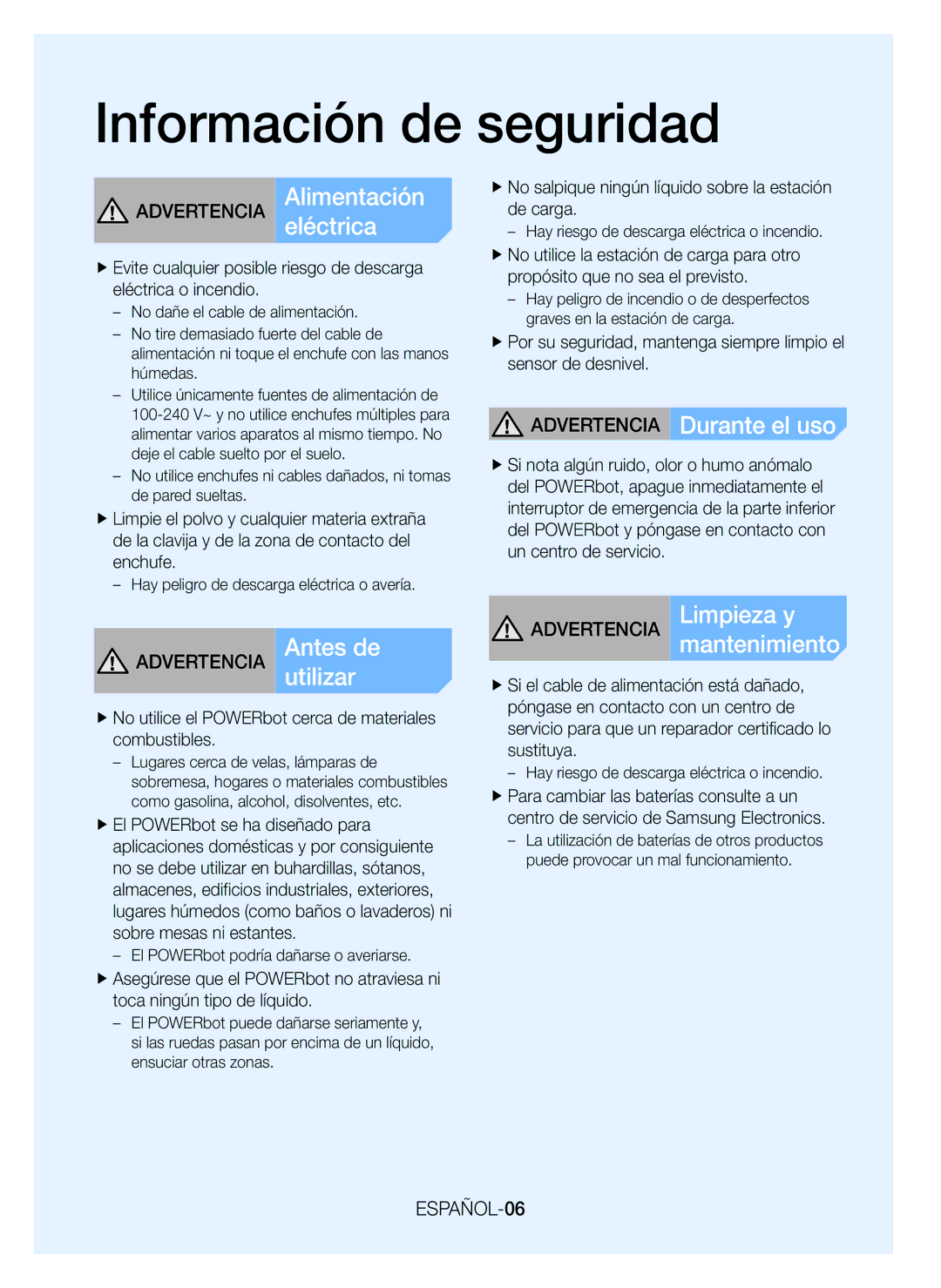 Samsung VR20J9020UR/ET, VR20J9020UG/GE manual Advertencia Durante el uso, Utilizar, Mantenimiento, ESPAÑOL-06 